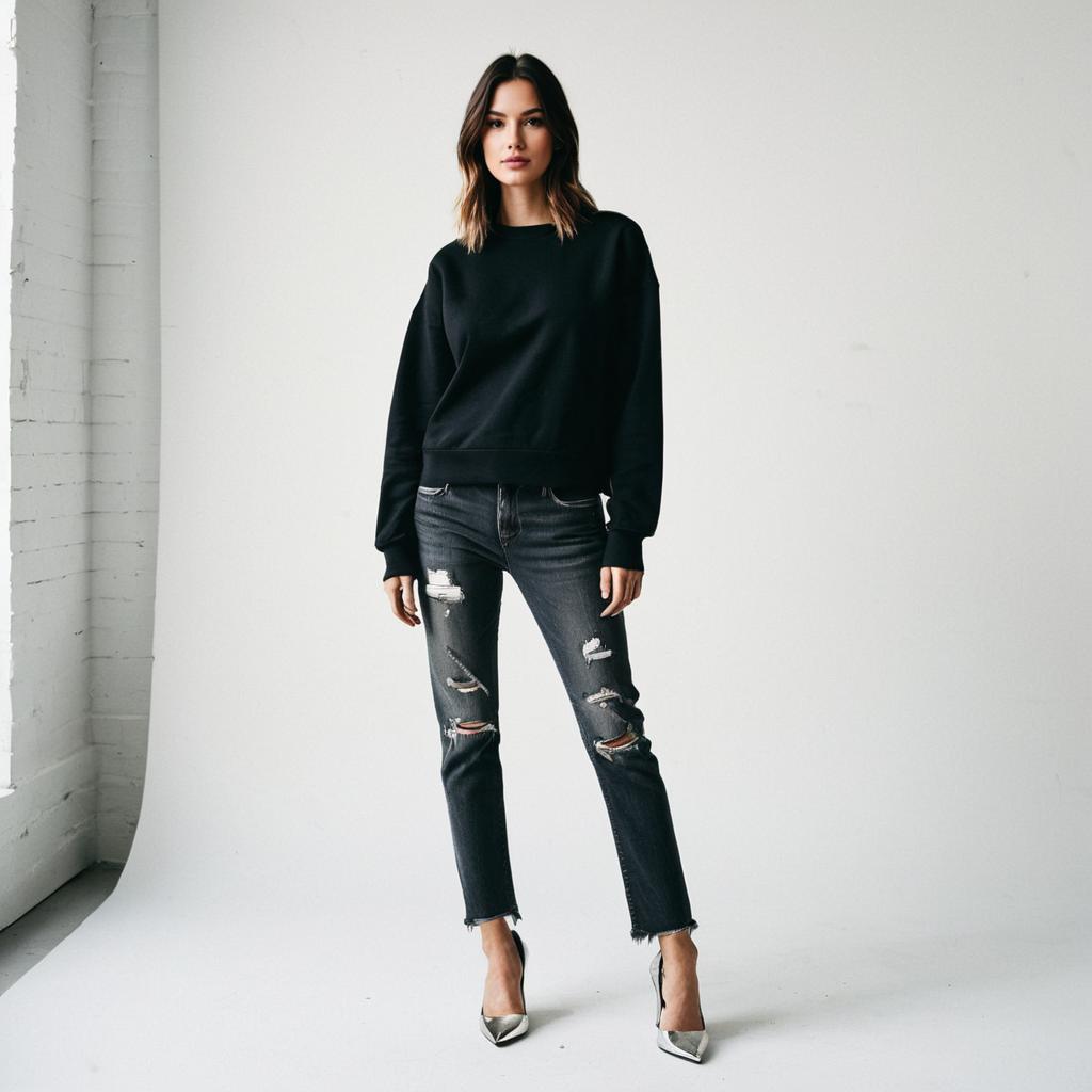 Confident Woman in Black Sweatshirt and Distressed Jeans in Minimalist Setting