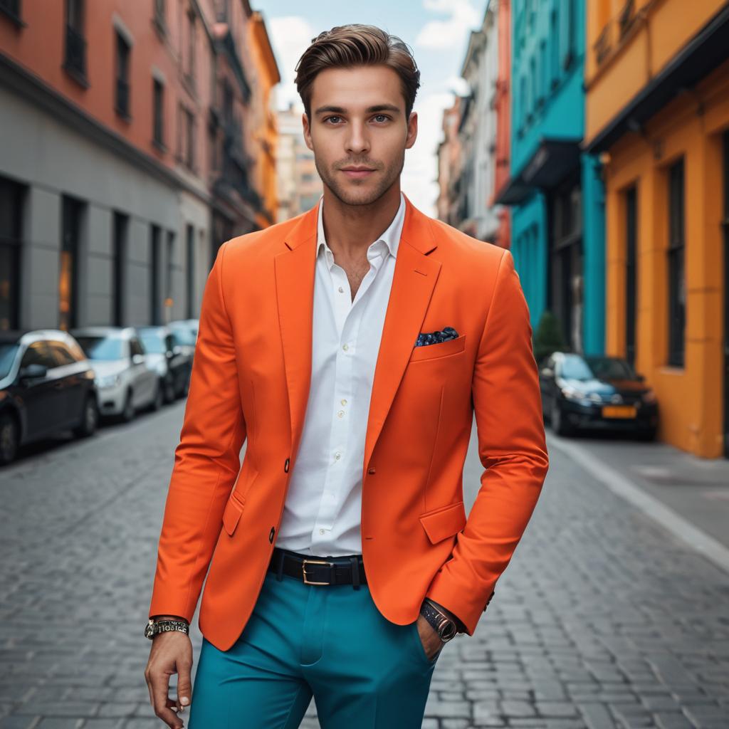 Stylish man in orange blazer and teal trousers in urban setting