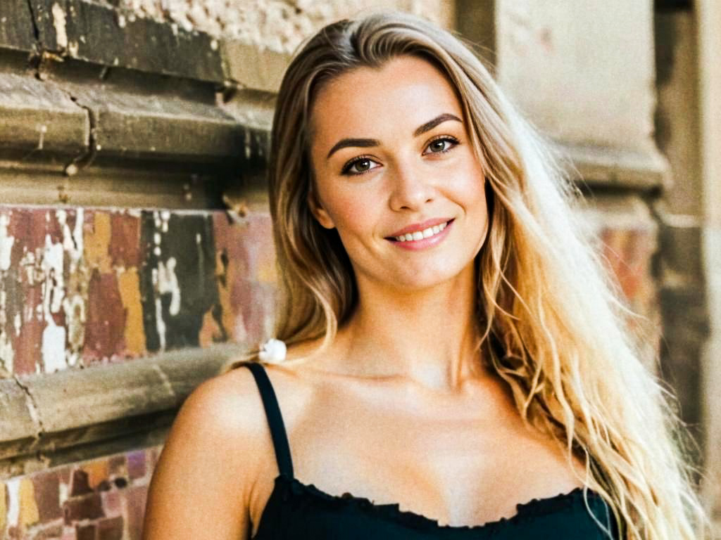 Smiling Woman with Long Hair Against Vintage Brick Wall