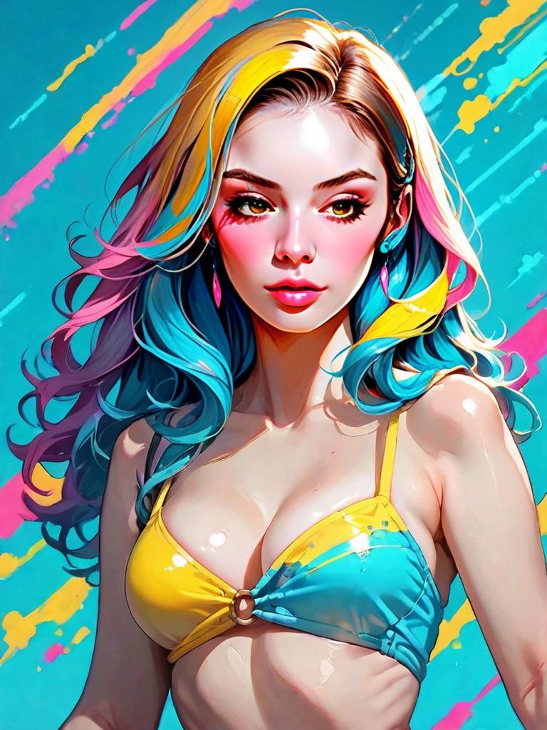 Colorful Woman with Neon Blue and Yellow Bandeau Bikini Top Digital Artwork