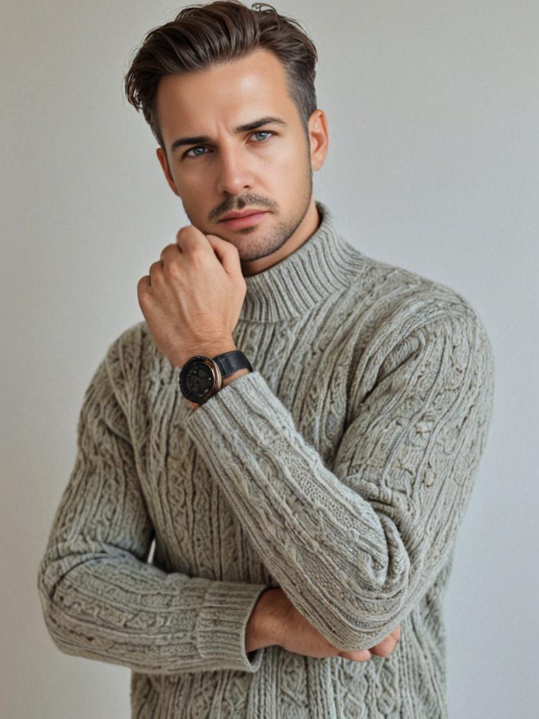 Man in Neutral Cable Knit Sweater