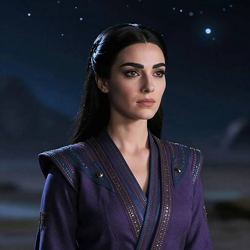 Elegant Woman in Fantasy Style Outfit Under Night Sky