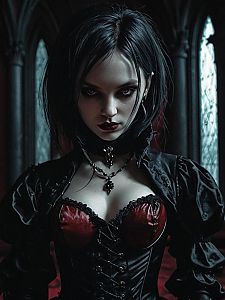 Gothic Woman in Red and Black Corset in Cathedral Setting