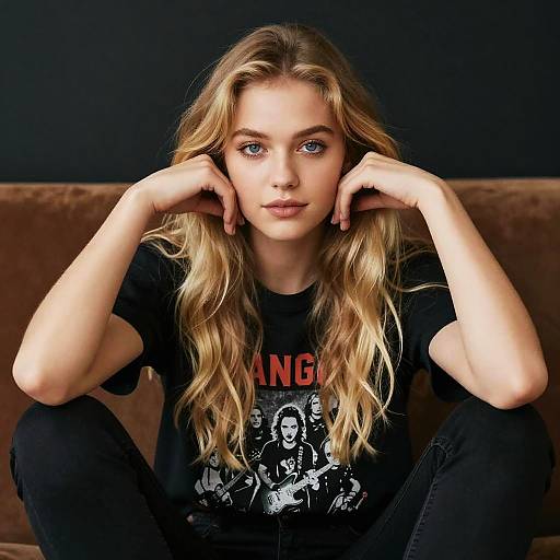 Blonde Woman in Black Rock Band T-shirt Casual Portrait