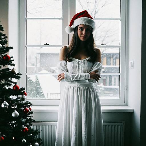 Woman in White Christmas Dress and Santa Hat Standing Indoors Near Window with Christmas Tree