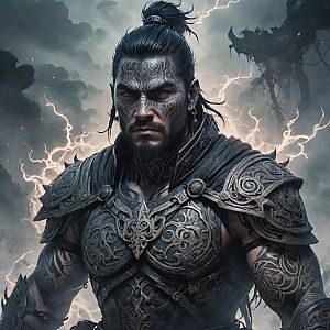 Fierce Warrior with Tribal Tattoos in Stormy Fantasy