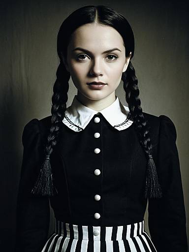 Woman in Classic Wednesday Addams Costume Waist-Up Editorial Portrait