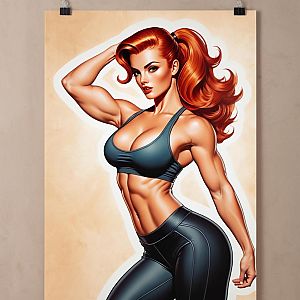 Strong Red-Haired Woman Fitness Illustration with Muscular Build