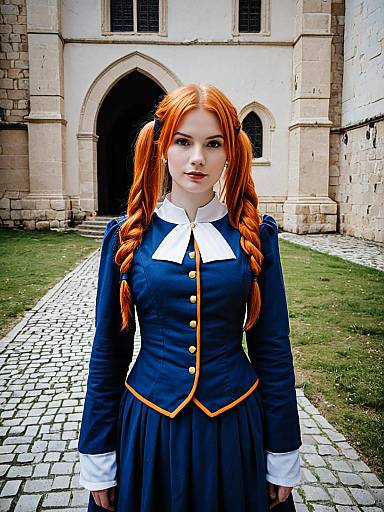 Woman in Vintage Navy Blue Uniform Dress with Red Braided Hair Outdoors