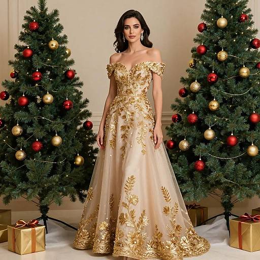 Elegant Woman in Gold Embroidered Gown with Christmas Trees