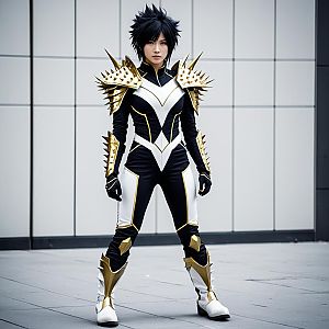 Futuristic Warrior Woman in Black White Gold Armor Suit