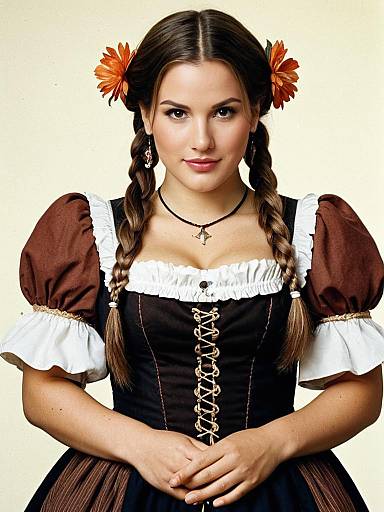Young Woman in Realistic Bavarian Beer Wench Costume with Twin Braids