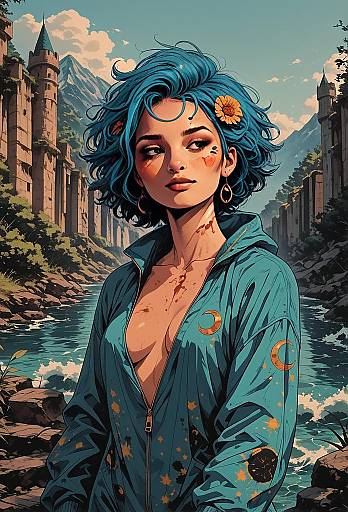 Fantasy Digital Art Woman with Blue Hair Near Castle Ruins