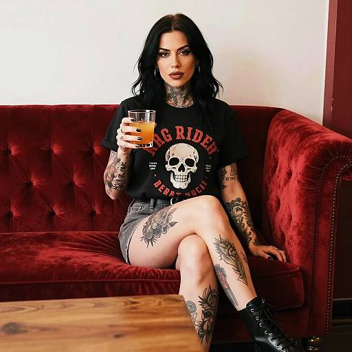 Tattooed Woman in Skull Graphic Tee Sitting on Red Velvet Sofa with Orange Juice