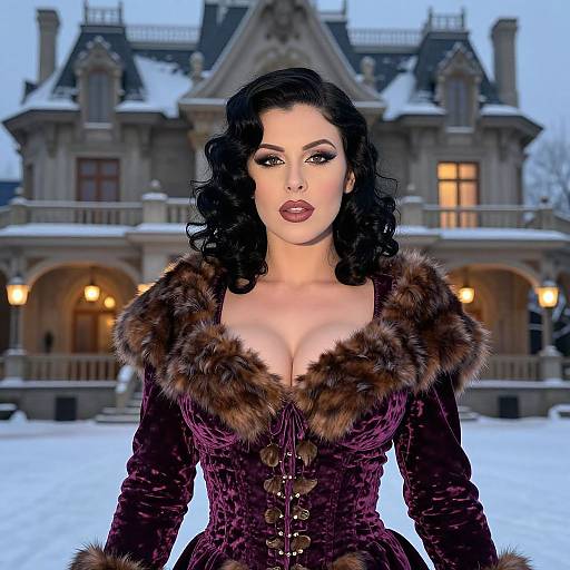 Glamorous Woman in Vintage Velvet Coat by Victorian Mansion in Winter