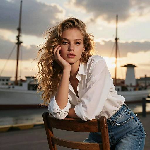Young Woman Posing Outdoors at Harbor Sunset in Casual White Shirt and Jeans