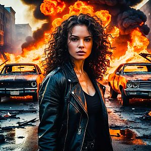 Fierce Woman in Leather Jacket Amidst Urban Chaos