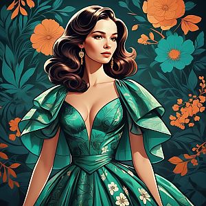Elegant Woman in Teal Dress with Floral Patterns