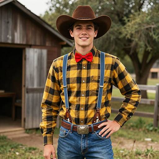 Young Man in Western Cowboy Outfit with Plaid Shirt and Red Bow Tie