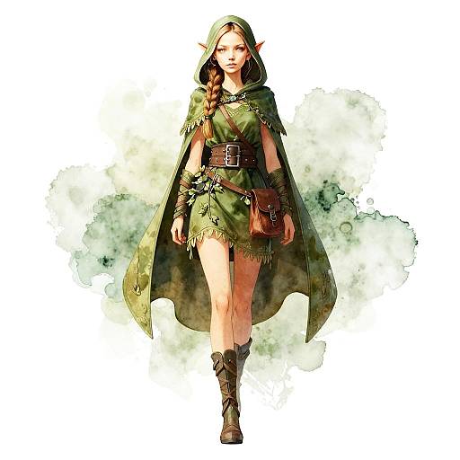 Fantasy Elf Woman in Green Hooded Cloak Digital Illustration