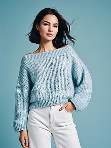 Young Woman in Light Blue Knitted Sweater and White Pants Fashion Portrait
