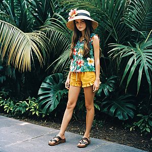 Young Woman in Tropical-Themed Outfit with Floral Top, Yellow Shorts, Hat, and Sandals