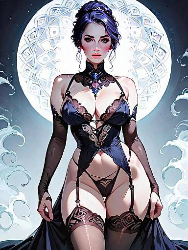 Dark Fantasy Woman in Gothic Lingerie at Night with Mystical Moonlight