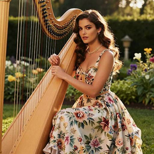 Elegant Woman Playing Harp in Vintage Floral Dress in Garden