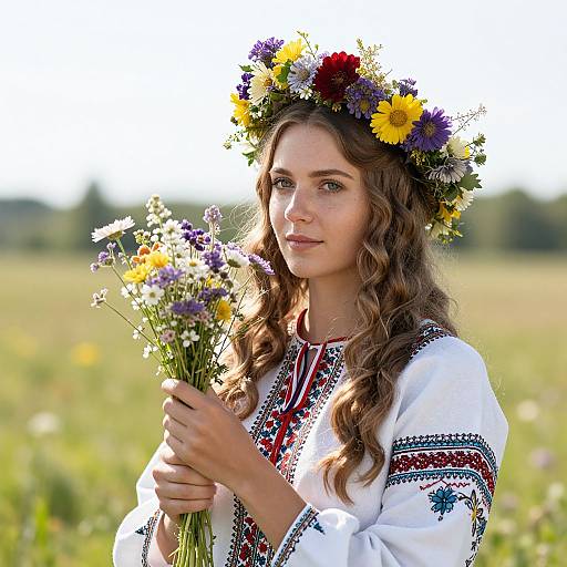 Young Woman in Traditional Embroidered Blouse with Floral Wreath Holding Wildflowers