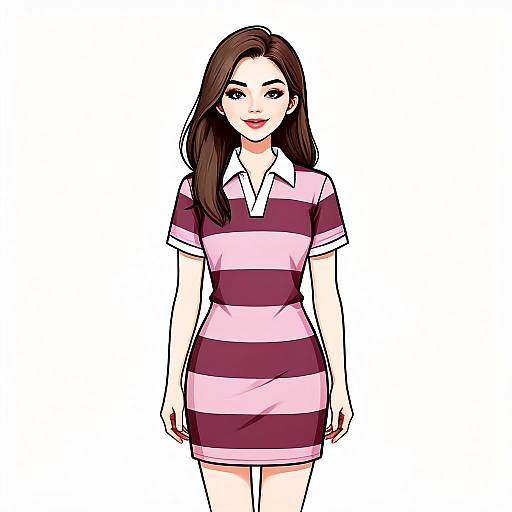 Woman with Pretty Face and Hair in Preppy Casual Striped Dress Illustration