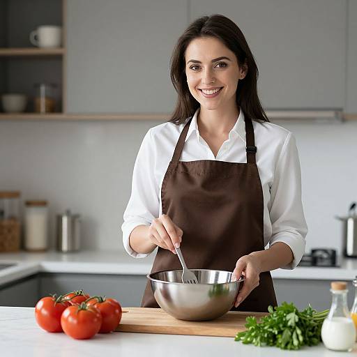 Smiling Woman Preparing Fresh Ingredients in Modern Kitchen