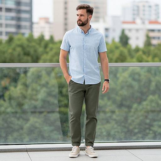 Casual Man Standing on Balcony in Light Blue Shirt and Olive Green Pants