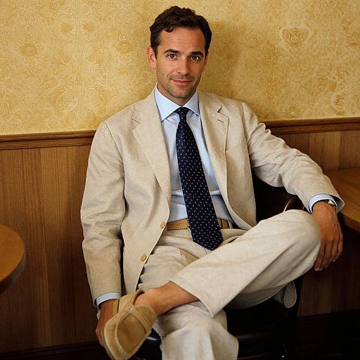 Confident Man in Beige Suit Sitting in Classic Wood-paneled Room