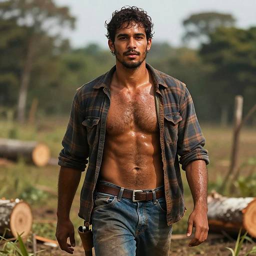 Muscular Man in Plaid Shirt Walking Outdoors with Logs Background