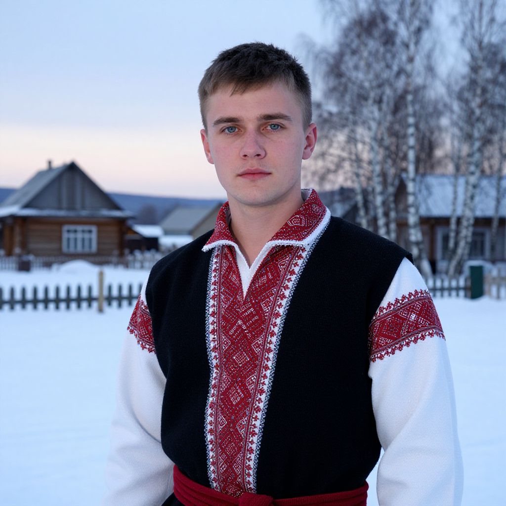 Young Man in Traditional Eastern European Embroidered Shirt Outdoors in Winter Village