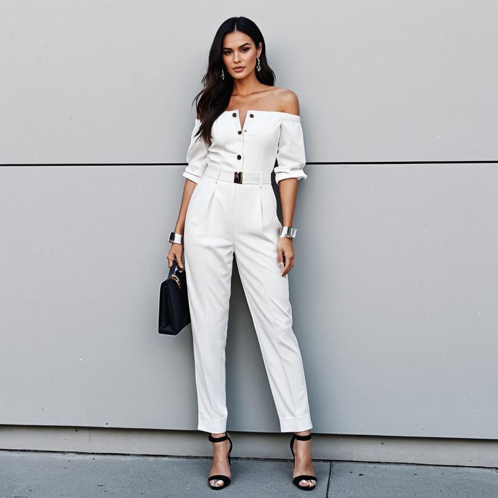 Stylish Woman in White Off-Shoulder Jumpsuit Standing Against Gray Wall