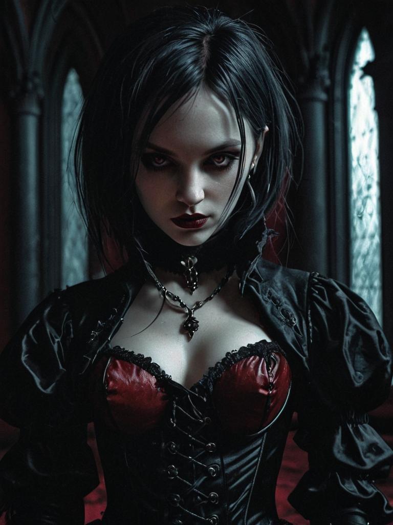 Gothic Woman in Red and Black Corset in Cathedral Setting