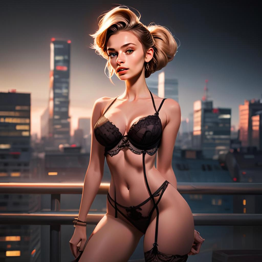 Stylish Woman in Black Lace Lingerie on City Balcony at Dusk