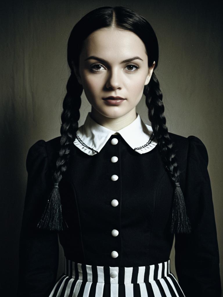 Woman in Classic Wednesday Addams Costume Waist-Up Editorial Portrait