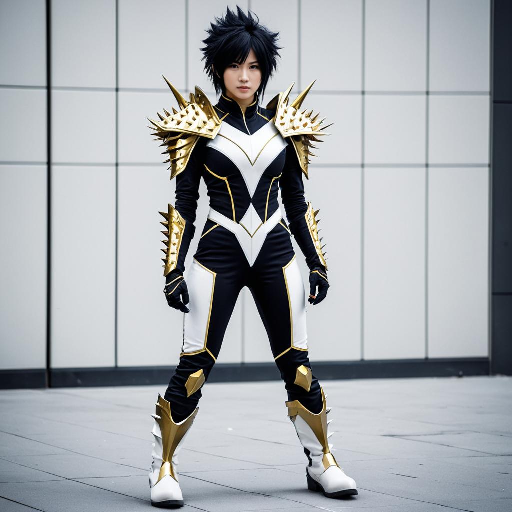 Futuristic Warrior Woman in Black White Gold Armor Suit