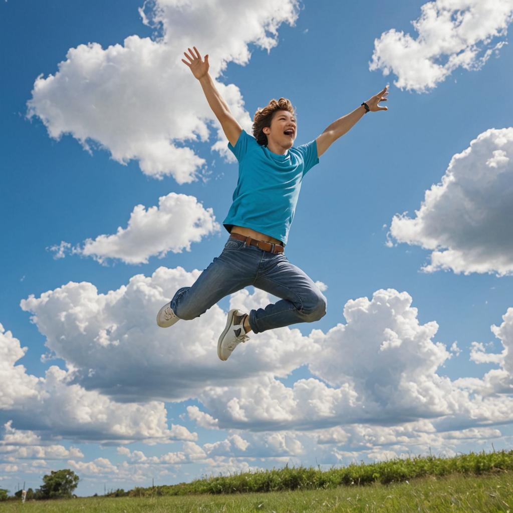 Man Jumping with Joy Against Blue Sky