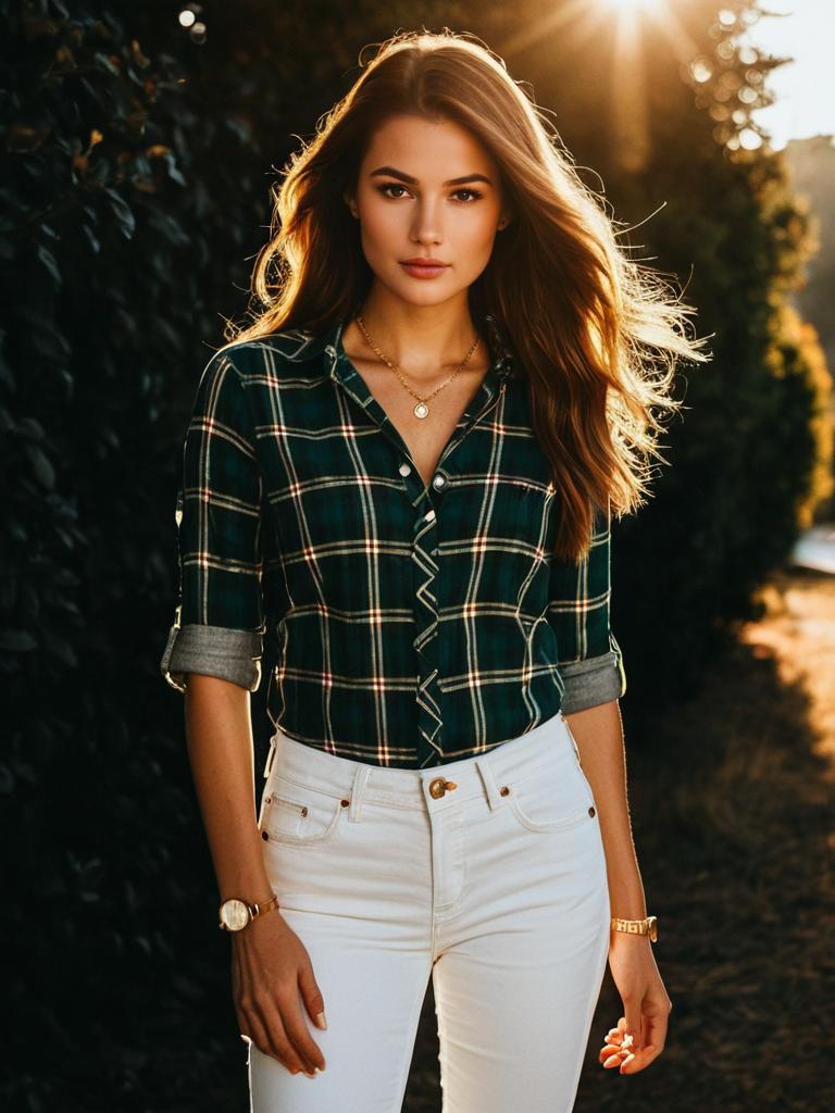 Woman in Casual Green and Red Plaid Shirt with Buttons and Roll Tab Sleeve Standing Outdoors