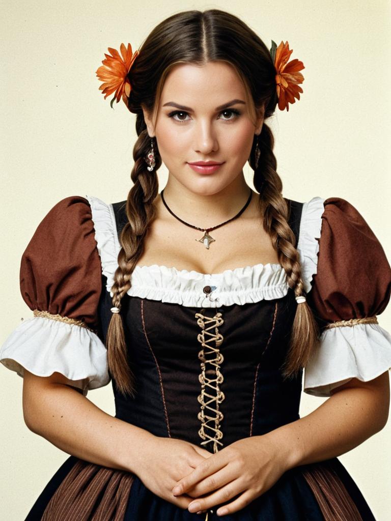 Young Woman in Realistic Bavarian Beer Wench Costume with Twin Braids