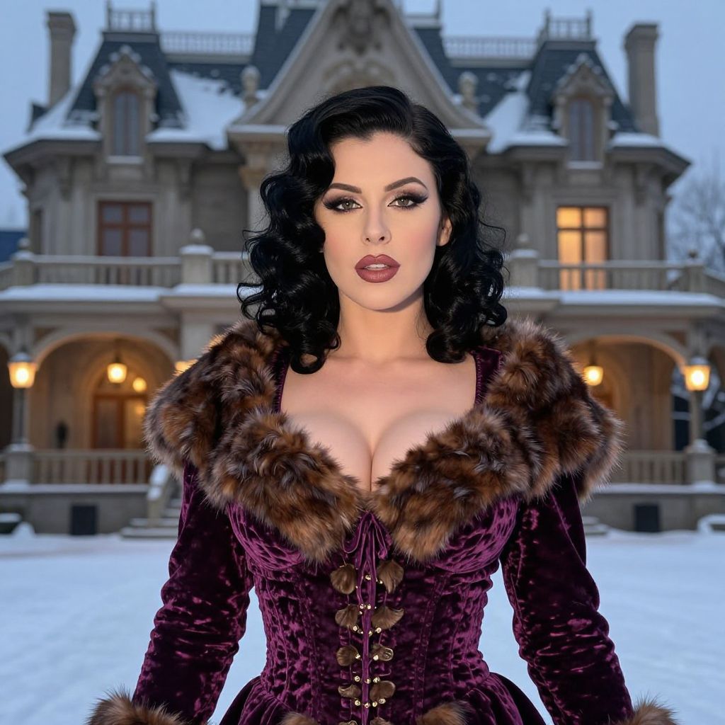 Glamorous Woman in Vintage Velvet Coat by Victorian Mansion in Winter