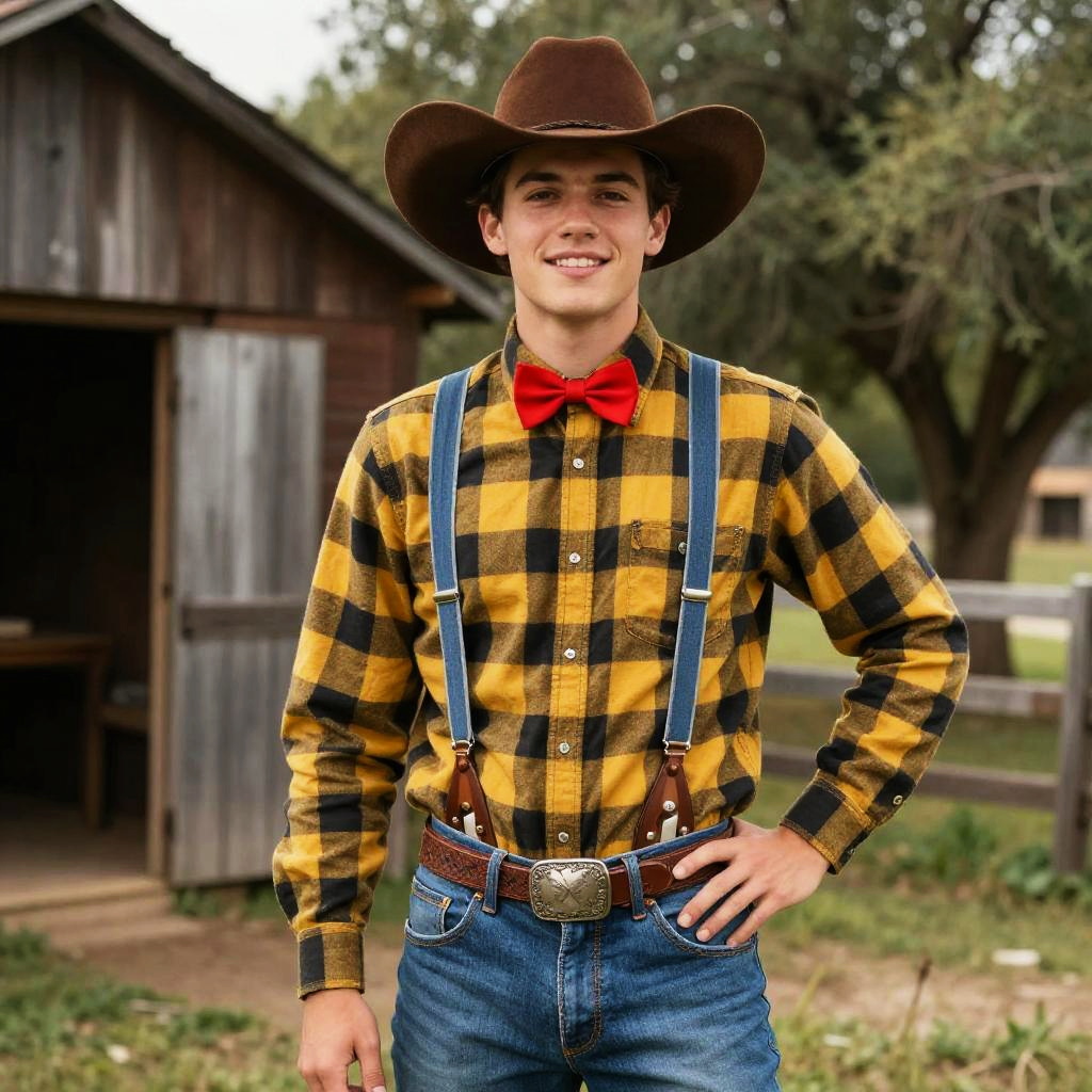 Young Man in Western Cowboy Outfit with Plaid Shirt and Red Bow Tie