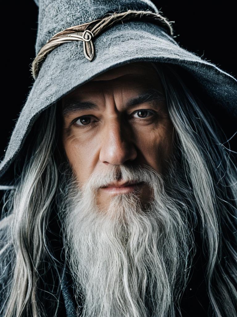 Man in Gandalf Costume Close-Up Detailed Headshot with Sharp Textures