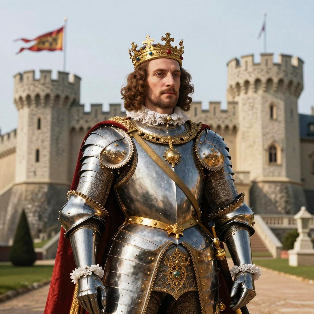 Medieval King in Ornate Armor with Crown in Front of Castle