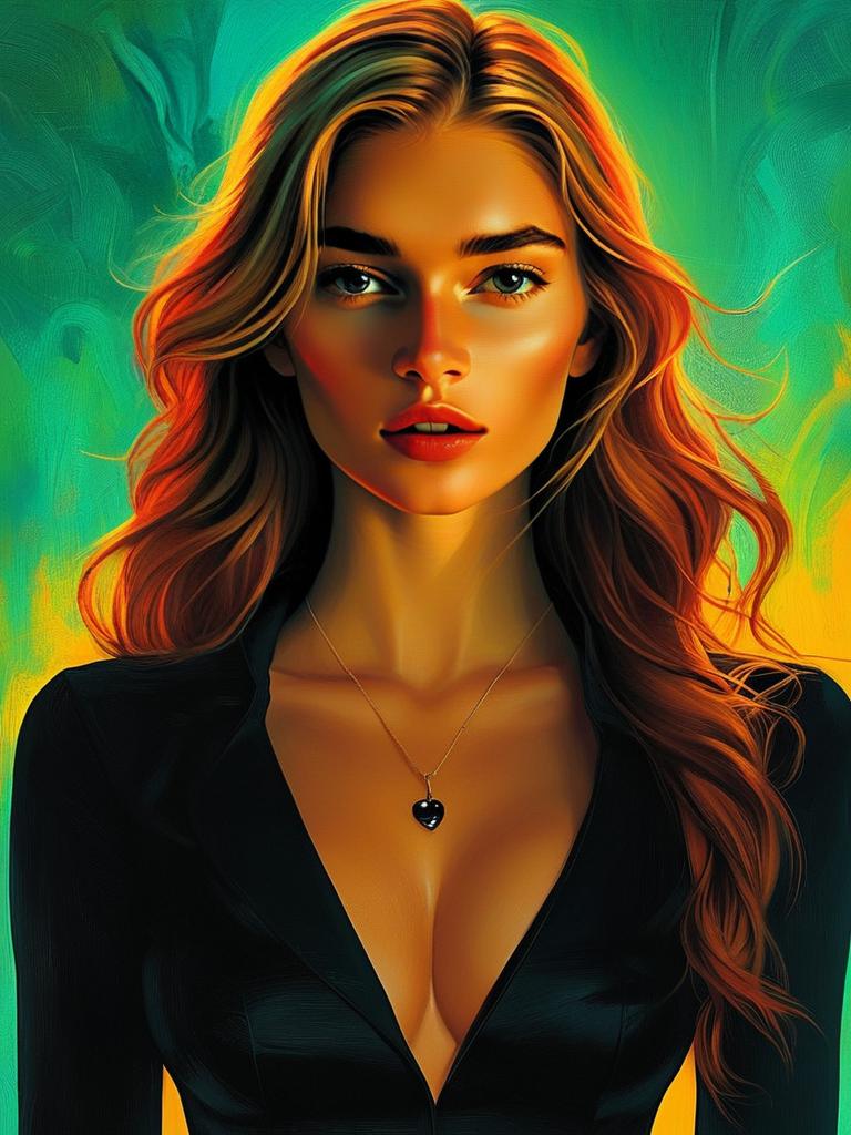 Young Woman in Black Outfit with Colorful Background