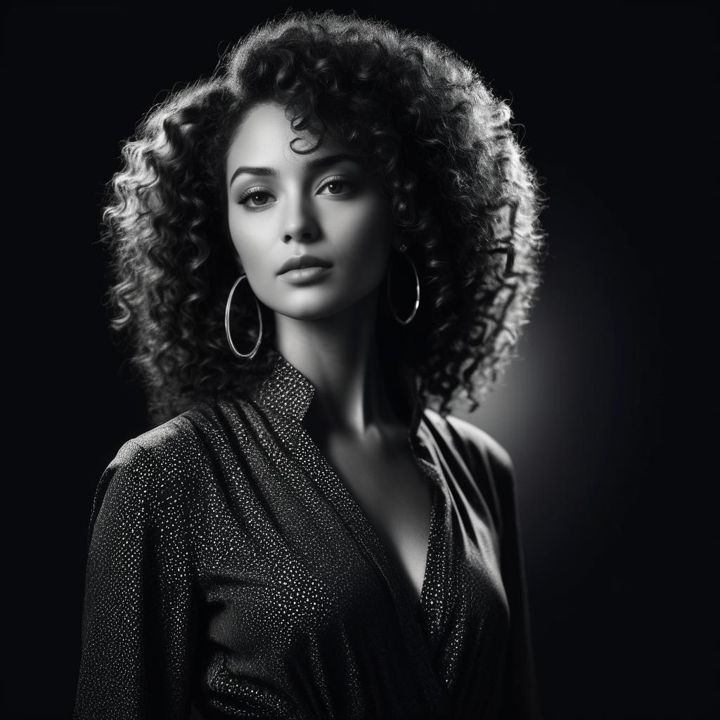 Elegant Woman with Curly Hair in Black and White