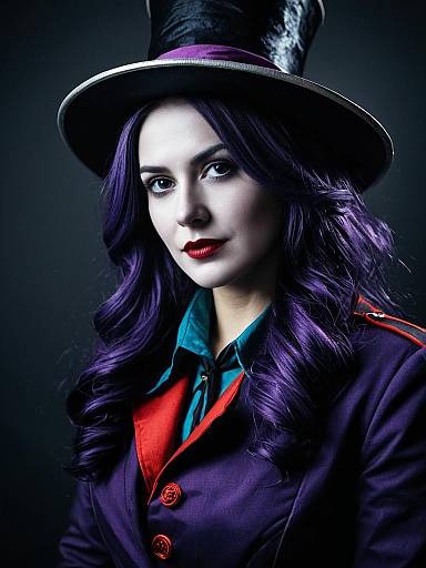 Photorealistic Studio Portrait of Woman in Facialier Cosplay with Purple Hair